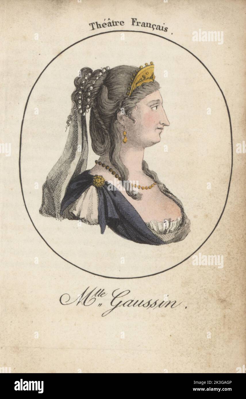 Jeanne-Catherine Gaussem or Mlle. Gaussin, French stage actress 1711-1767. Called Beauty personified by Denis Diderot. Mlle Gaussin. Theatre Francais. Handcoloured stipple engraving after Jacques Grasset Saint-Sauveur from Acteurs et Actrices Celebres, Famous Actors and Actresses, Chez Latour Libraire, Paris, 1808. Stock Photo