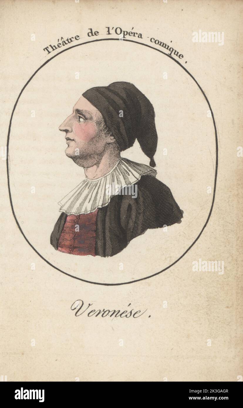 Charles-Antoine Veronese, Italian actor famous for his performance as Pantalon in the commedia dell’arte, 1702-1762. Debuted at the Comedie-Italienne in 1744. Veronese. Theatre de l'Opera comique. Handcoloured stipple engraving after Jacques Grasset Saint-Sauveur from Acteurs et Actrices Celebres, Famous Actors and Actresses, Chez Latour Libraire, Paris, 1808. Stock Photo