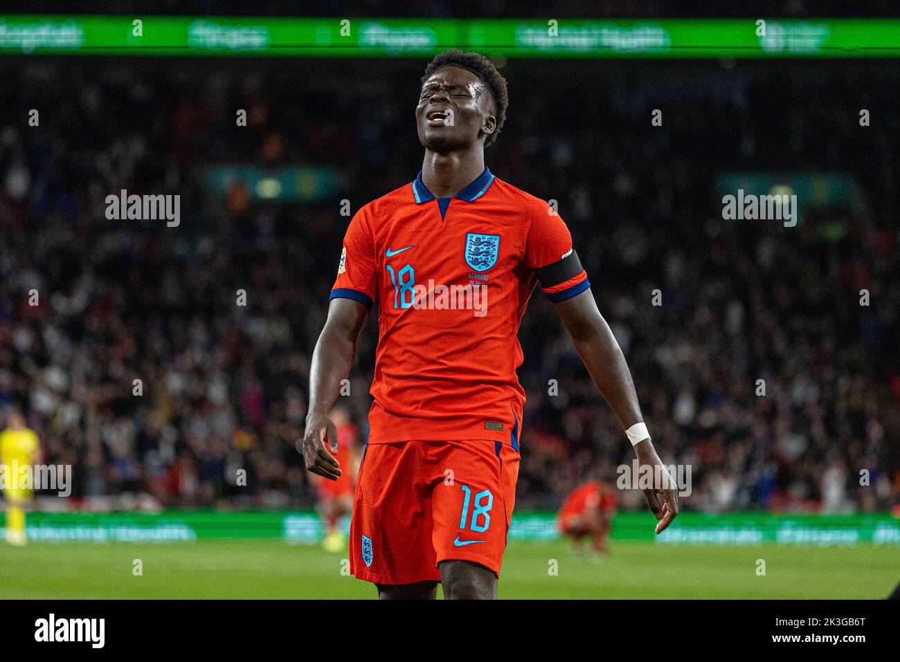 London, Britain. 26th Sep, 2022. Bukayo Saka of England reacts during the League A Group 3 match against Germany at the 2022 UEFA Nations League in London, Britain, Sept. 26, 2022. Credit: Str/Xinhua/Alamy Live News Stock Photo