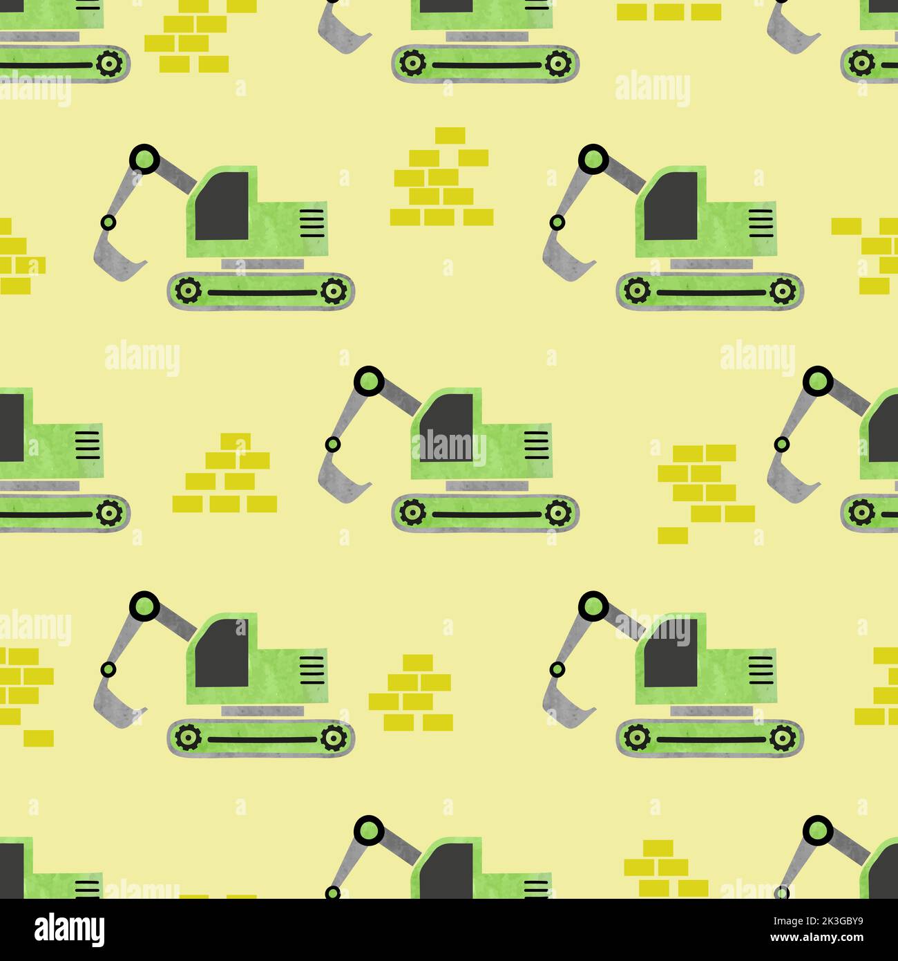 Seamless cartoon excavator transport pattern. Construction trucks background. Stock Vector