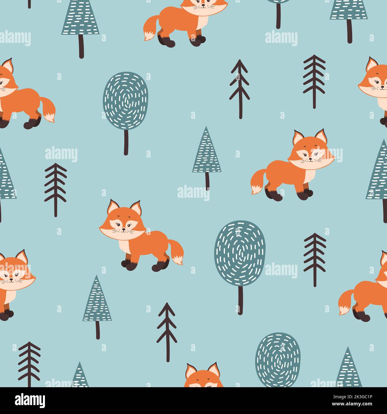 Seamless pattern with cute fox and abstract trees. Forest childish ...