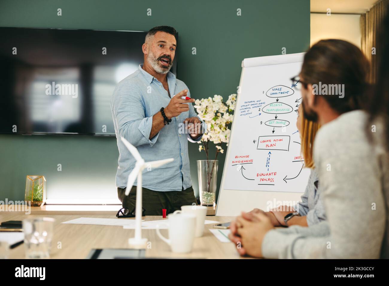 Innovative businessman giving a presentation during a meeting with his colleagues. Mature engineer discussing his creative strategy in an office. Busi Stock Photo