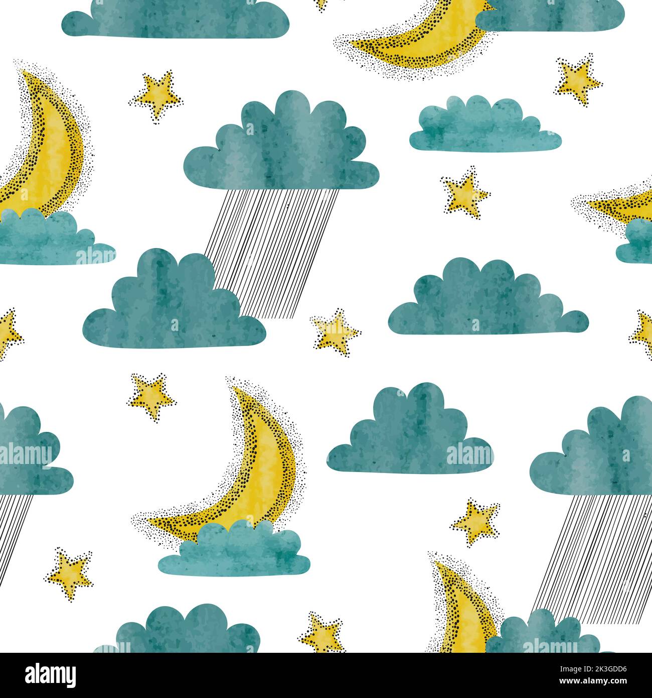 Seamless pattern with moon, clouds and stars. Vector watercolor night ...