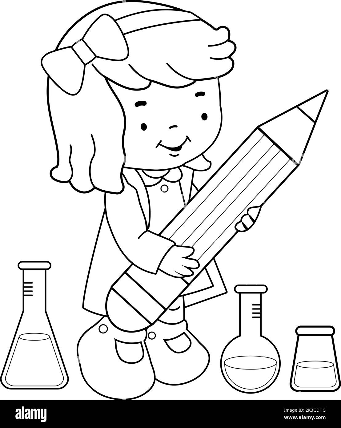 Student girl at science class holding a big pencil. Vector black and white coloring page. Stock Vector