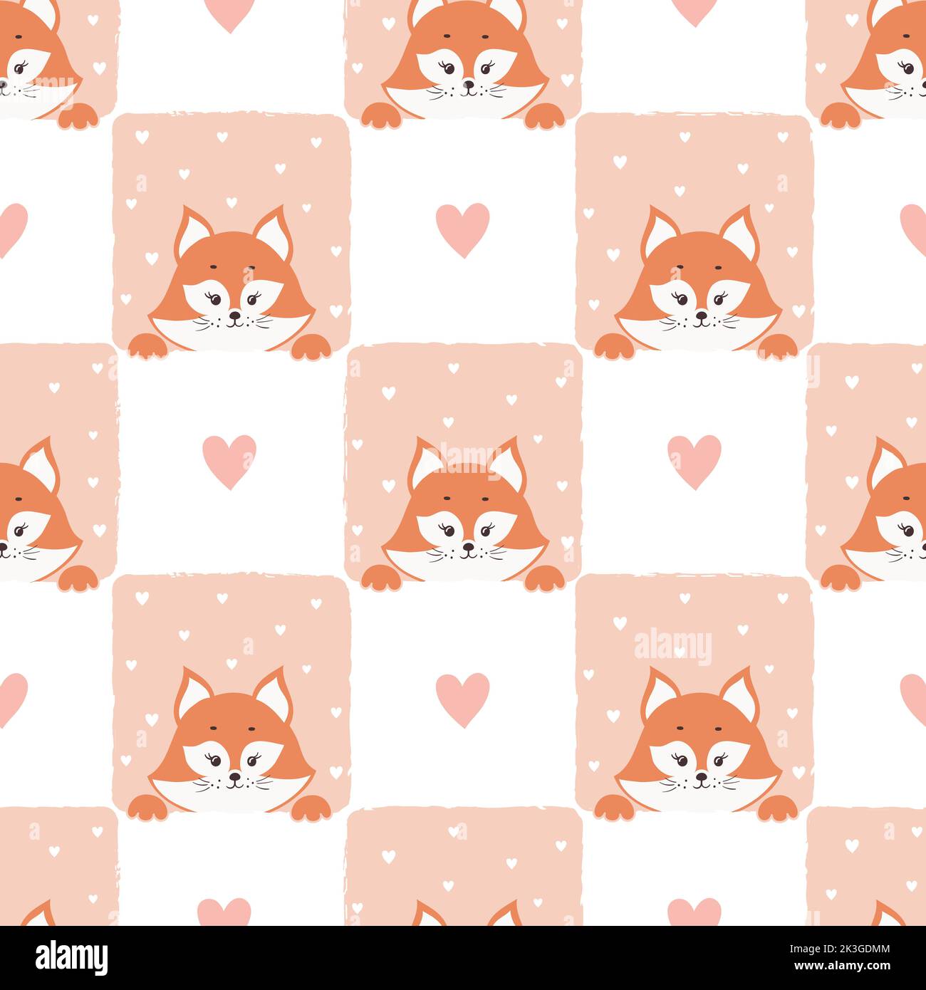 Seamless checked pattern with cute cartoon fox. Baby print. Stock Vector