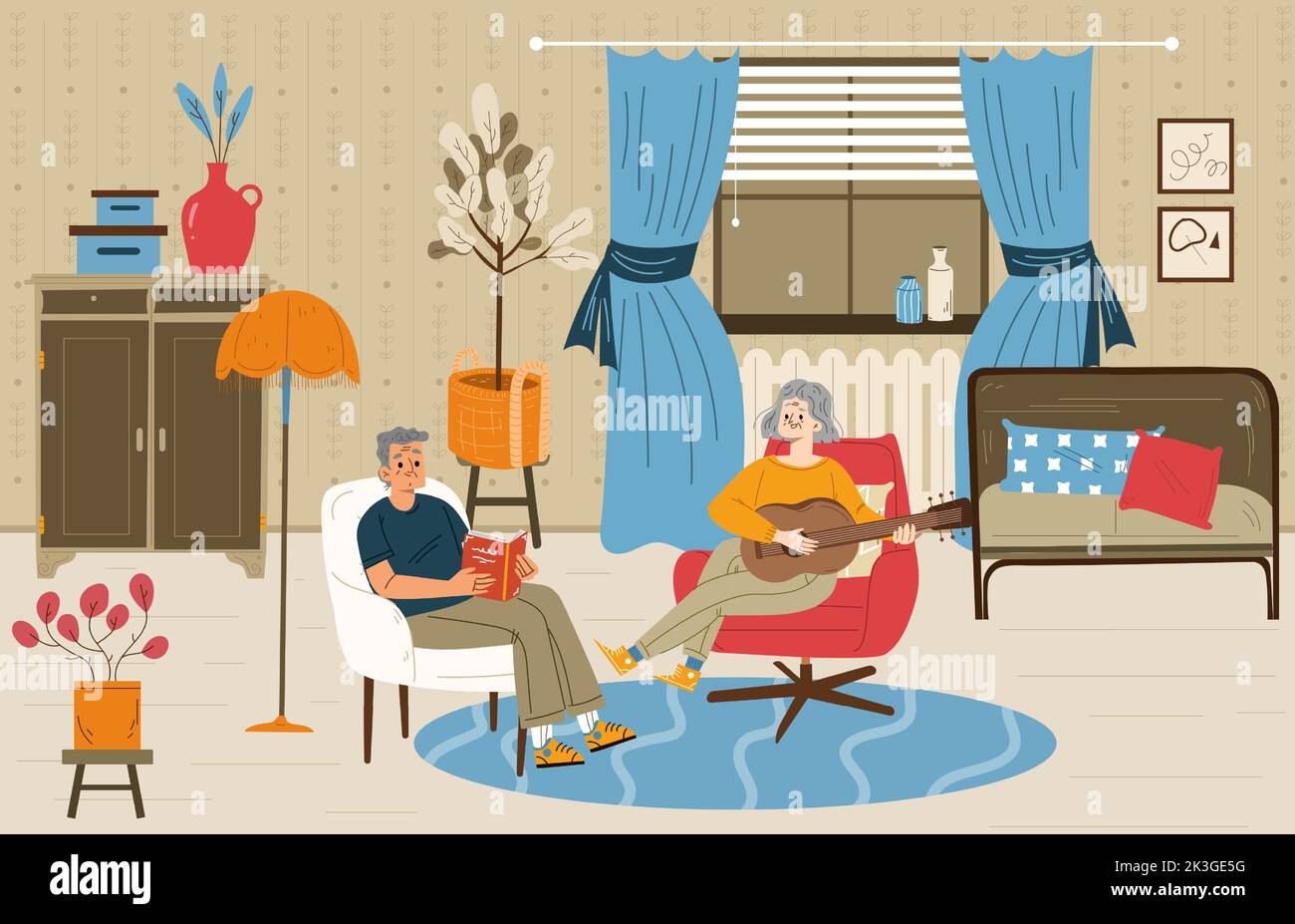 Senior couple relax at home, aged man and woman reading book, playing guitar sitting on armchairs in living room. Grandparents relaxed sparetime, leisure, Cartoon linear flat vector illustration Stock Vector