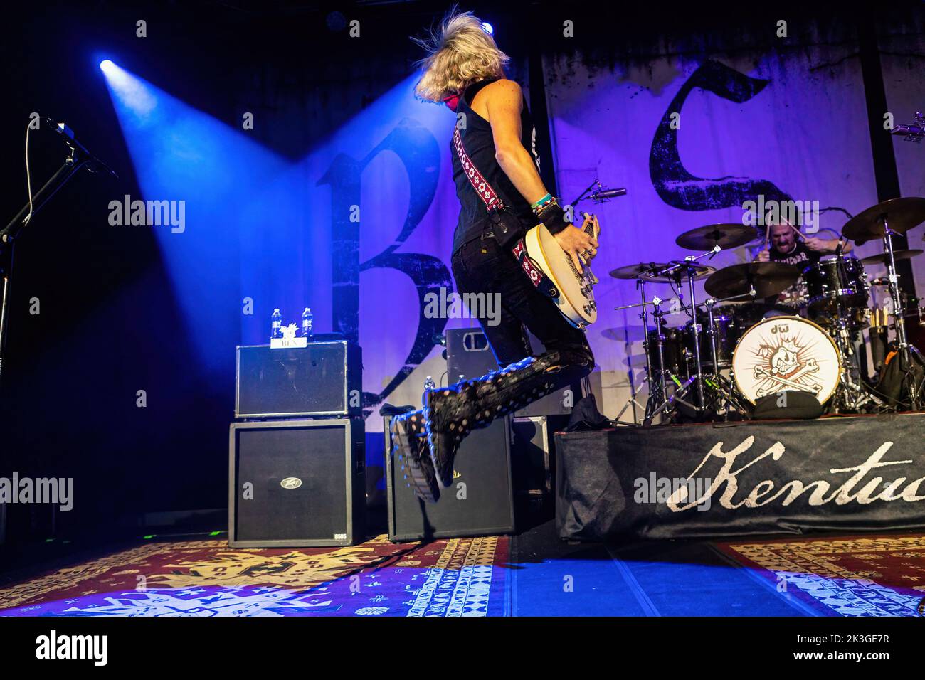 Milano, Italy. 26th Sep, 2022. Ben Wells of American rock band Black Stone Cherry performs during the concert at Alcatraz. The band consists of Chris Robertson (lead vocals, lead guitar), Ben Wells (rhythm guitar, backing vocals), Steve Jewell (bass, backing vocals) and John Fred Young (drums, backing vocals). Black Stone Cherry has released seven studio albums as well as two EPs, and have charted seventeen singles on the US Mainstream Rock Tracks charts. Credit: SOPA Images Limited/Alamy Live News Stock Photo