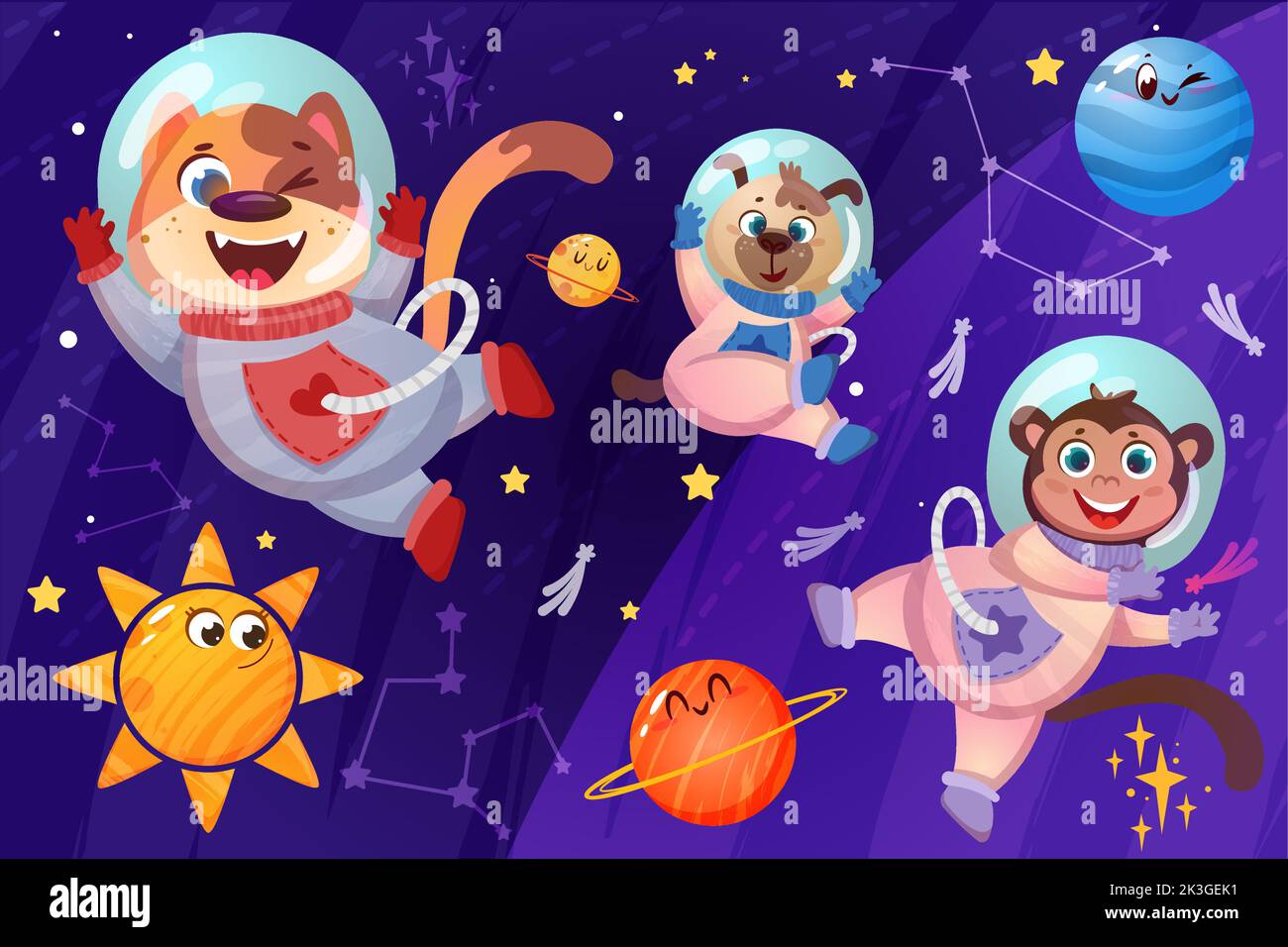 Cute animals astronauts in spacesuits flying in open space. Happy dogs and monkey cosmonauts in helmet exploring universe galaxy with planets, stars and constellations cartoon vector illustration. Stock Vector