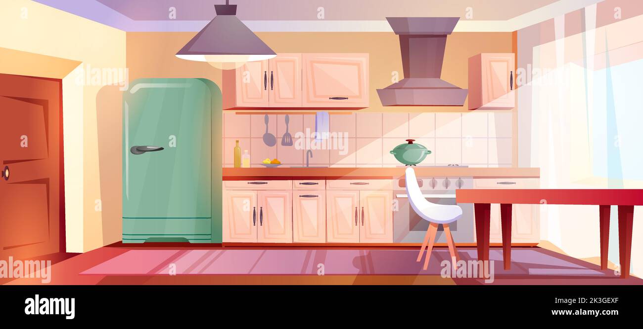 Cartoon kitchen interior with wooden retro furniture and range hood. Home cooking room with stove, fridge, cupboards and dinner table with white chair. Empty apartment inside with door and dining area Stock Vector