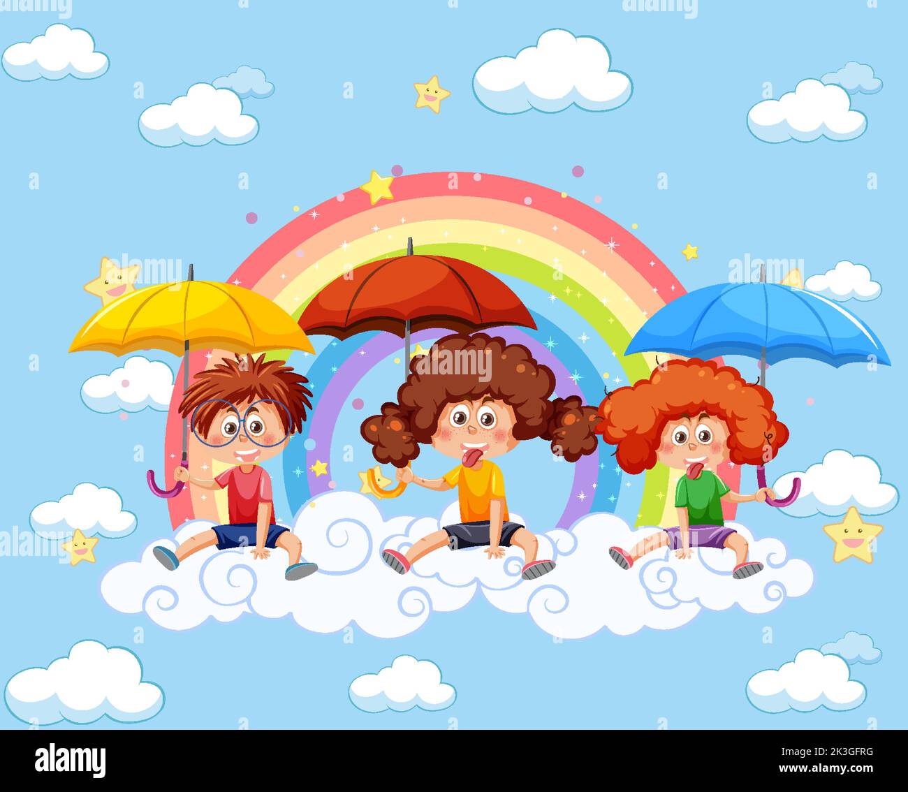Happy kids in in the sky with rainbow illustration Stock Vector Image ...