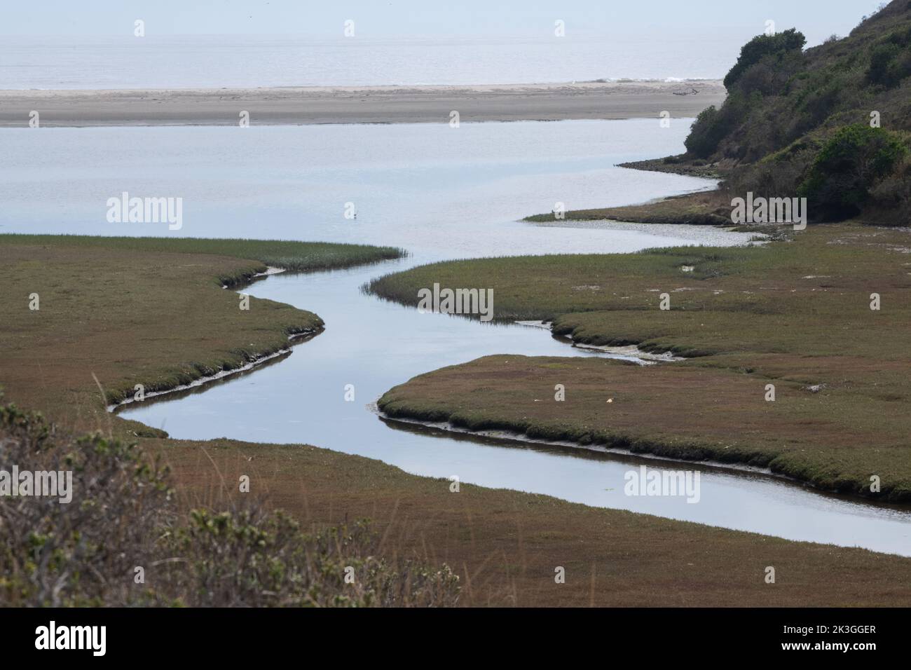An estuary where a slough runs into a bay which connects to the Pacific ocean on the West coast of North America in California. Stock Photo