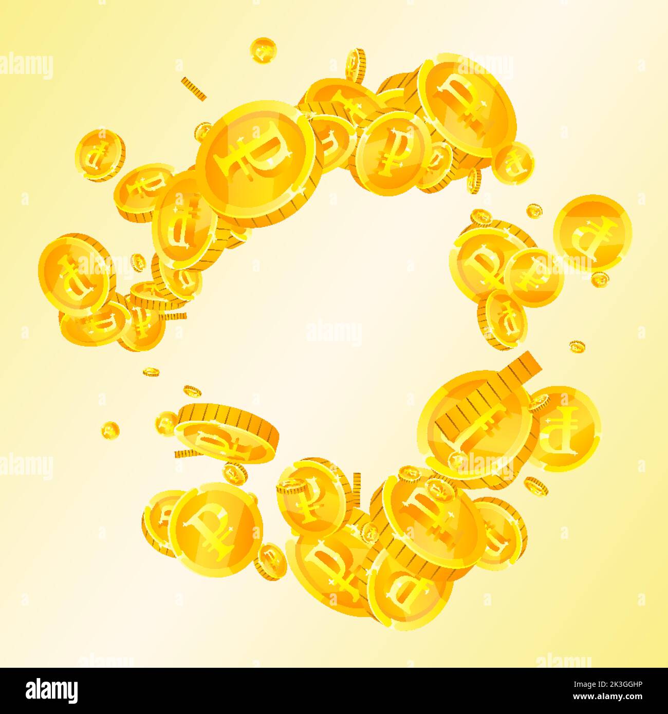 Russian ruble coins falling. Scattered gold RUB coins. Russia money ...
