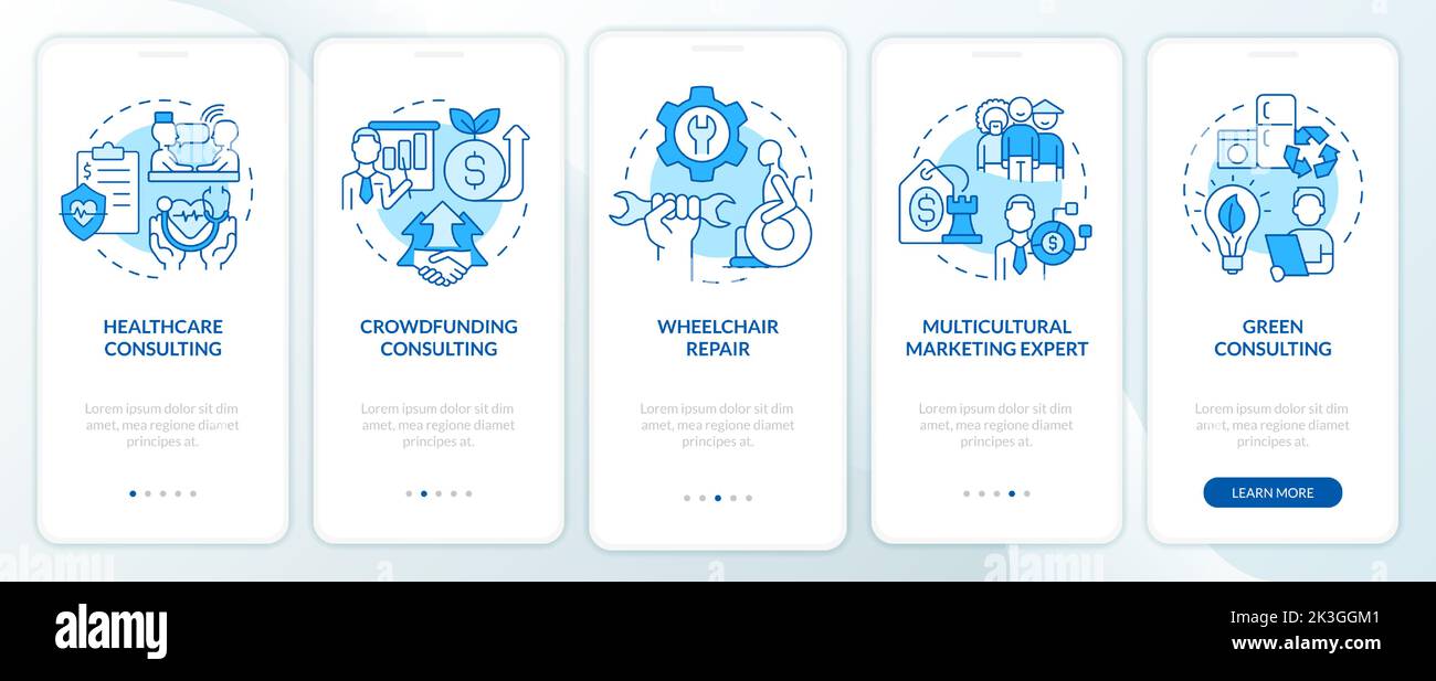 In demand small business types blue onboarding mobile app screen Stock ...