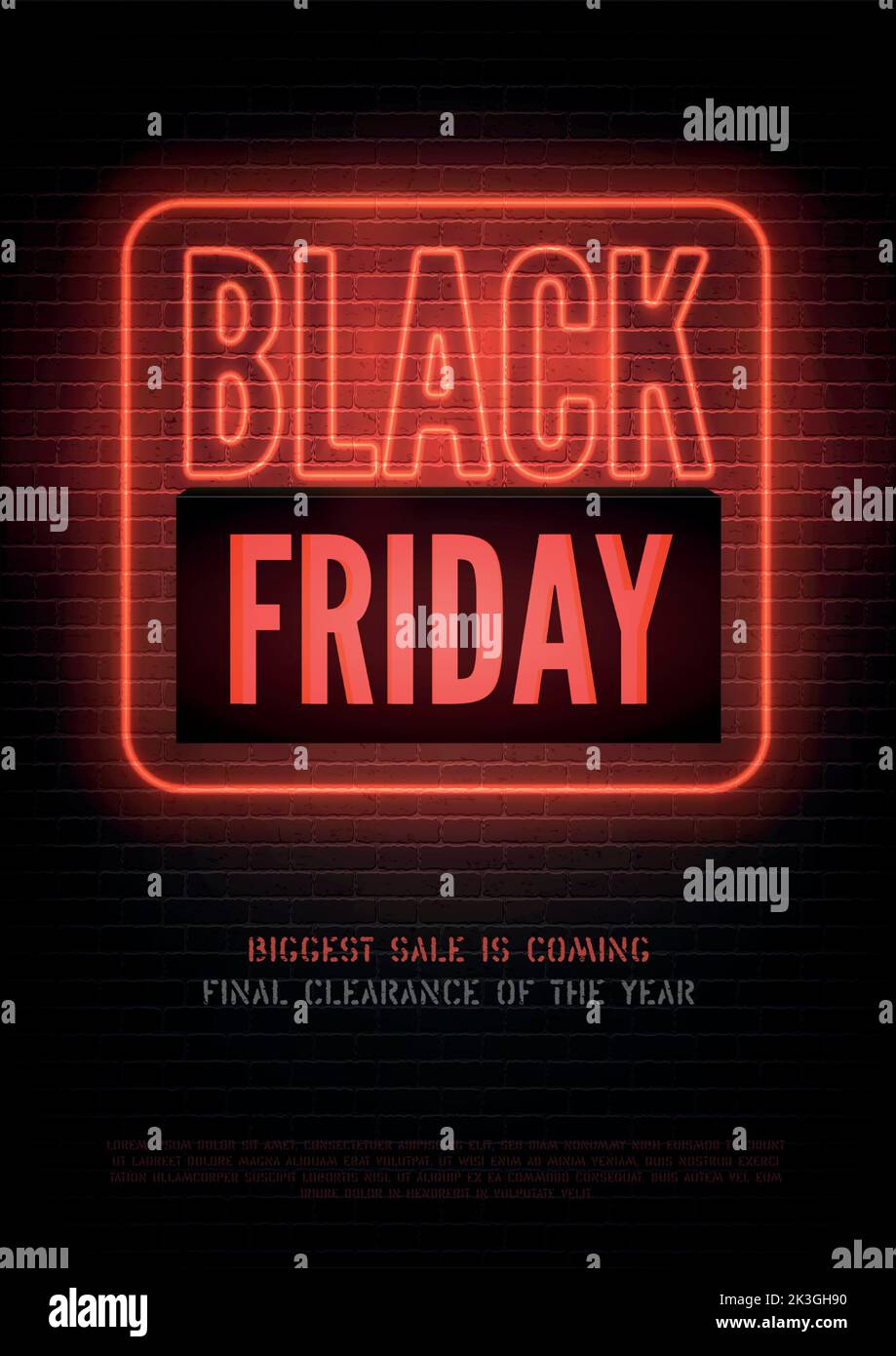 Black Friday discounts realistic vector flyer template. Stylish red sale advert neon light on
