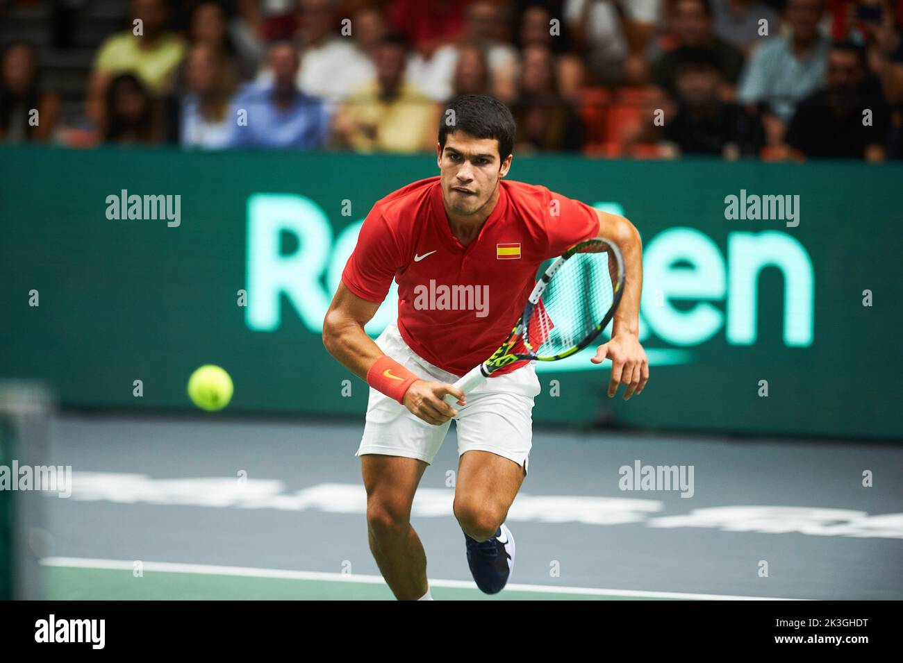 Valencia, Spain. 18th Sep, 2022. Carlos Alcaraz (Spain Team) seen in action during the tennis match between Spain and Korea Republic at the Davis Cup by Rakuten at The Pabellon Municipal de Fuente San Luis.Final score, Spain 6, 7 Korea Republic 4, 6. Credit: SOPA Images Limited/Alamy Live News Stock Photo
