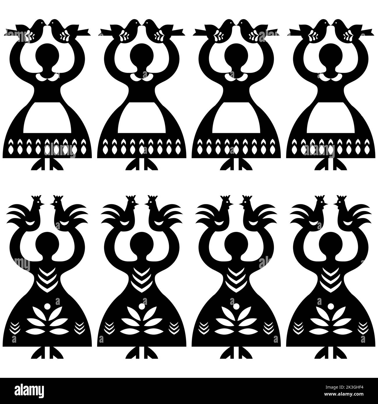 Polish folk art seamless vector pattern Wycinanki Kolbielskie - Kolbiel Papercuts with women holding birds in black and white Stock Vector