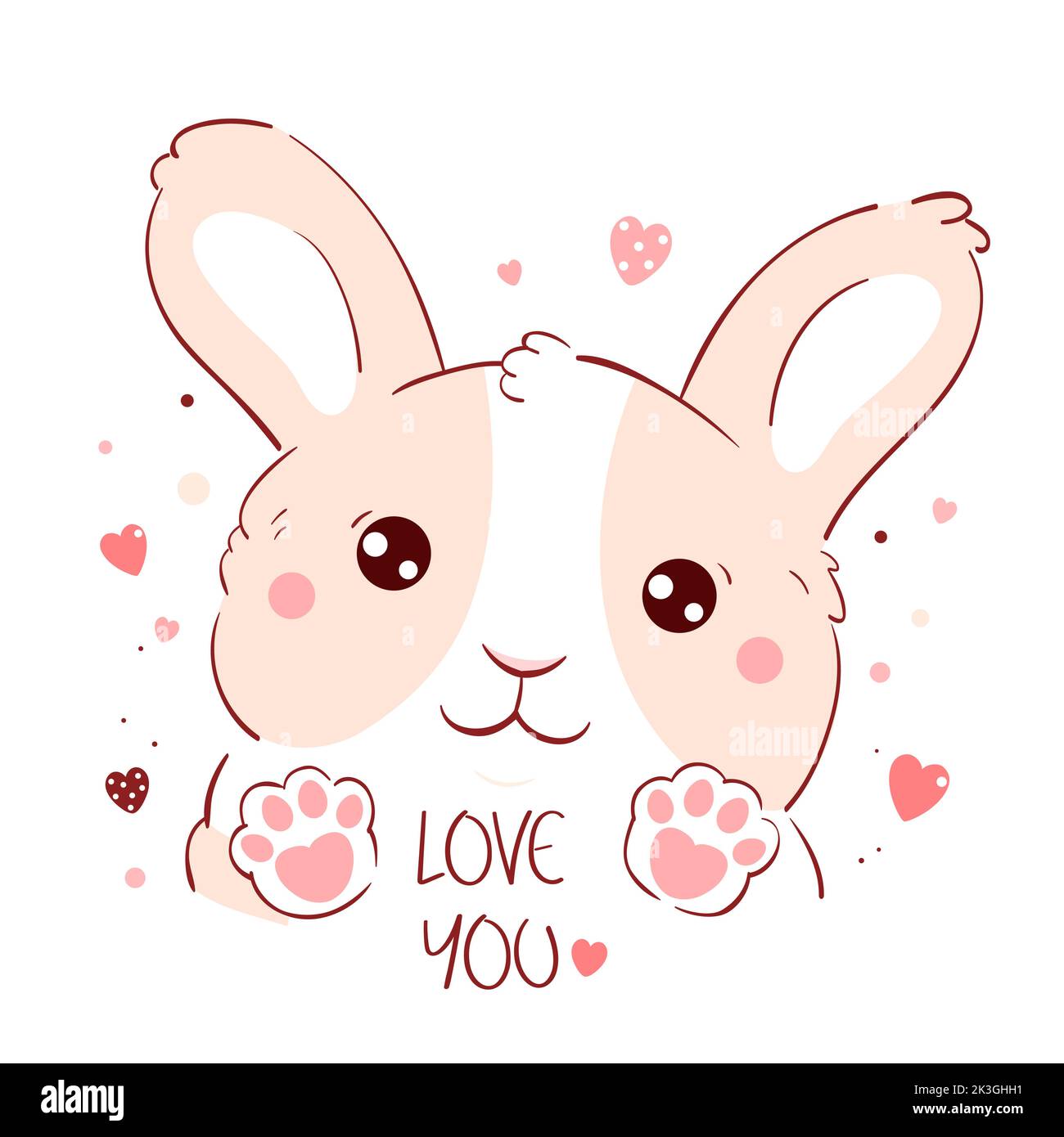 Cute Valentine card in kawaii style. Lovely bunny with pink hearts. Inscription Love you. Can be used for t-shirt print, stickers, greeting card desig Stock Vector
