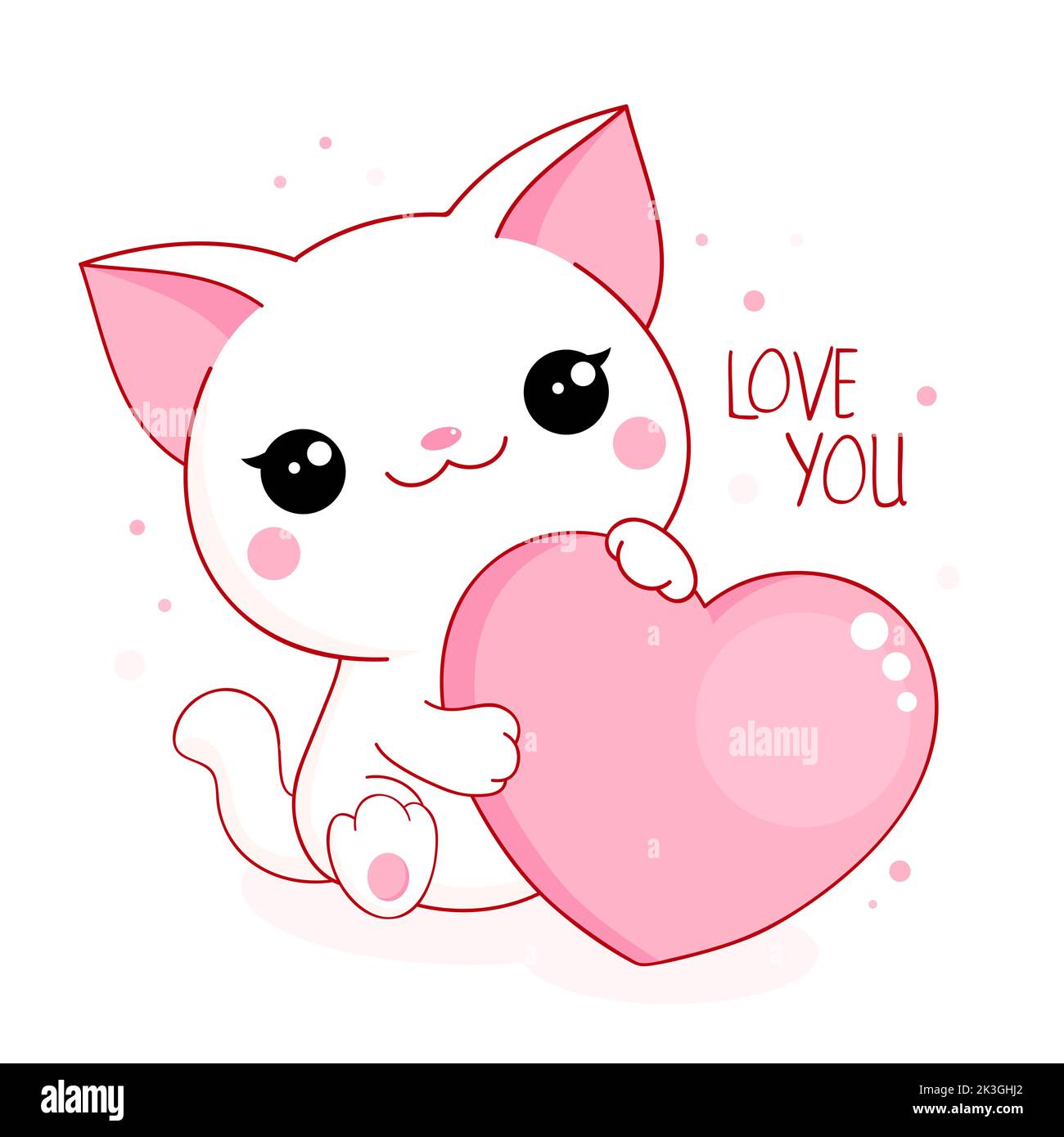 Cute Valentine card in kawaii style. Little white cat with big pink heart. Inscription Love you. Can be used for t-shirt print, stickers, greeting car Stock Vector