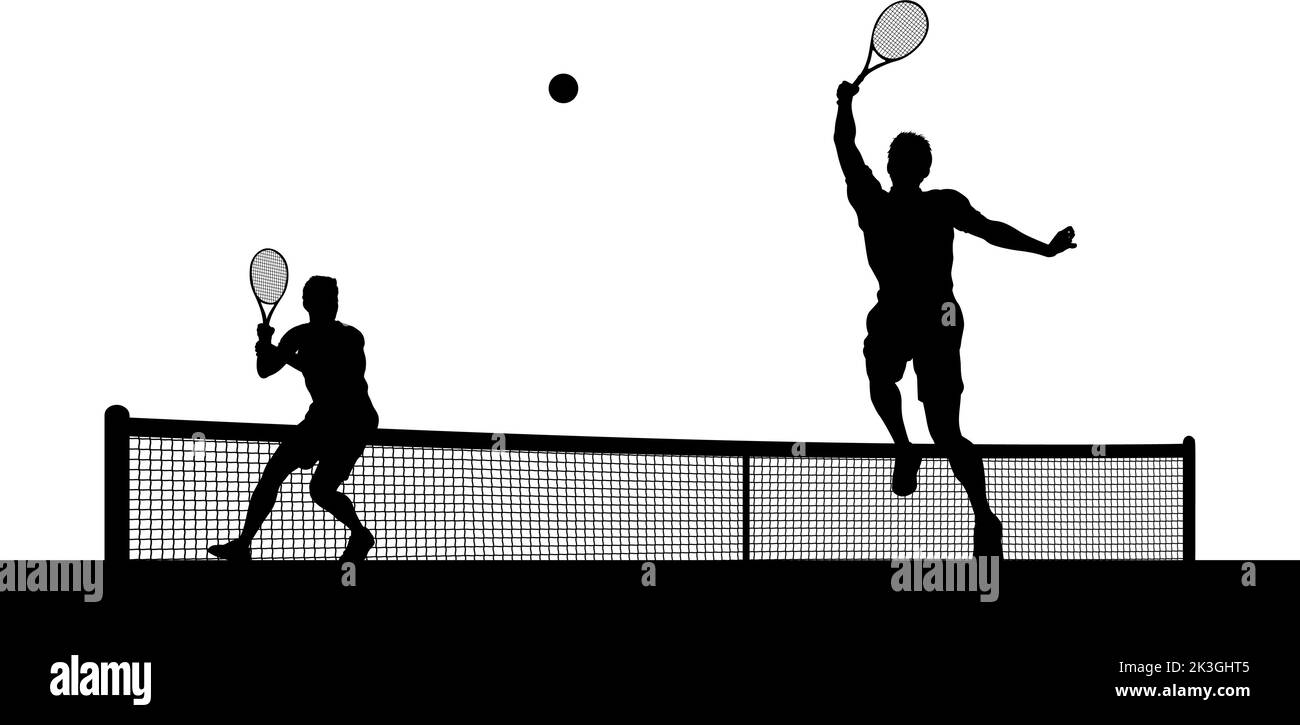 Tennis Men Playing Match Silhouette Players Scene Stock Vector