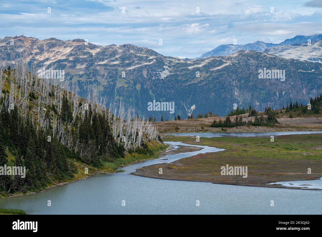 Helm lake and stream with mountains in the backdrop. Stock Photo