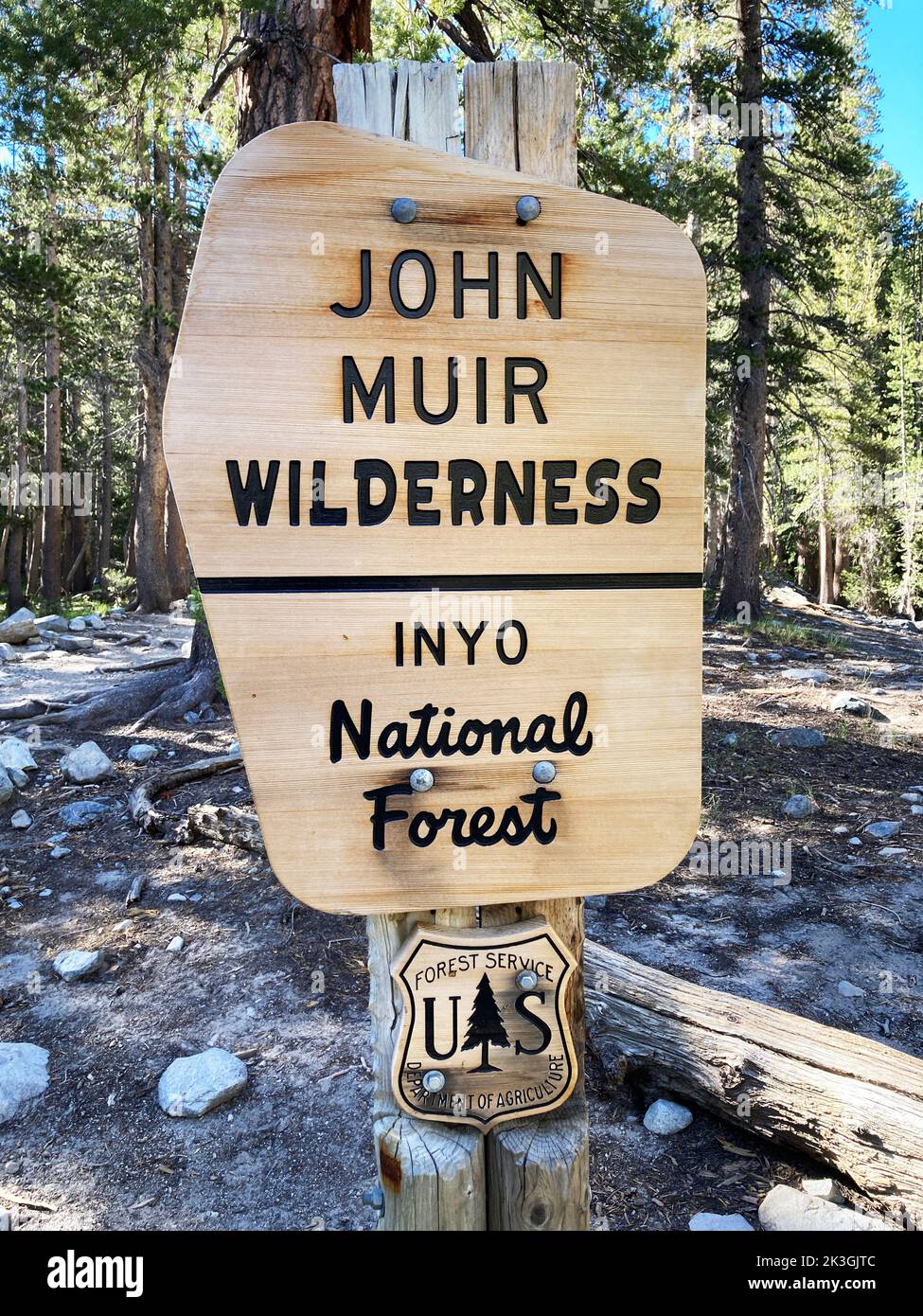 John Muir Wilderness sign on hiking trail at Inyo National Forest - California, USA - July, 2022 Stock Photo