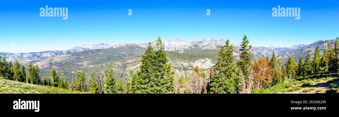 Scenic panoramic view of Ritter Range jagged peaks from Minaret Vista Point, the highest lookout point in Mammoth Lakes Stock Photo