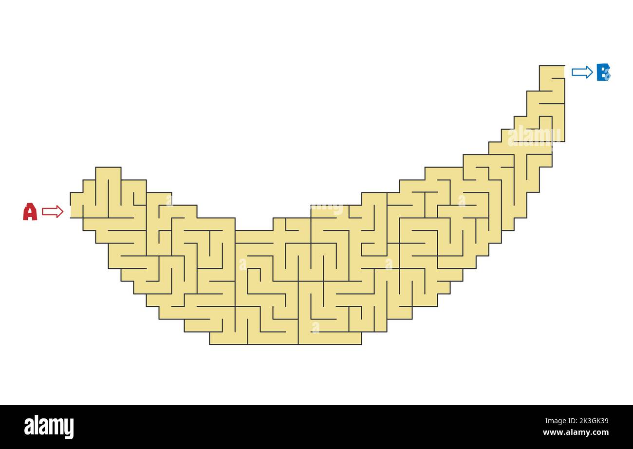 Not so easy Banana shaped labyrinth with entry A and One exit (only one solution). Line maze game. Medium complexity. Kids maze puzzle, vector illustr Stock Vector