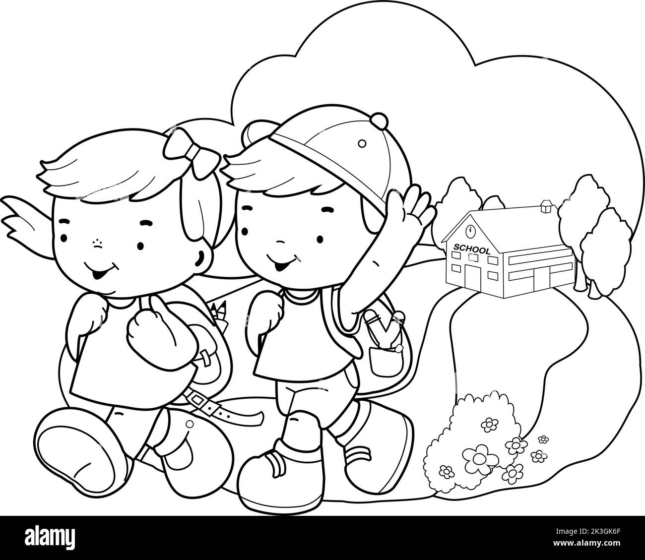 Students return from school. Vector black and white coloring page Stock Vector