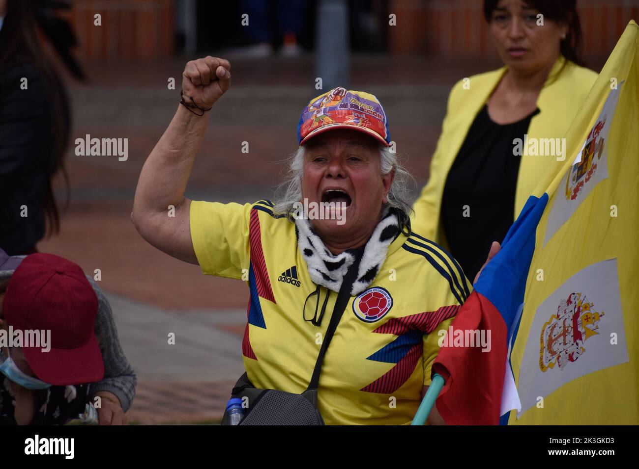 Bogota, Colombia, September 26, 2022. A demonstrator shouts during the first antigovernment protest against left-wing president Gustavo Petro and his initiative on a tax reform, in Bogota, Colombia, September 26, 2022. Photo by: Cristian Bayona/Long Visual Press Stock Photo