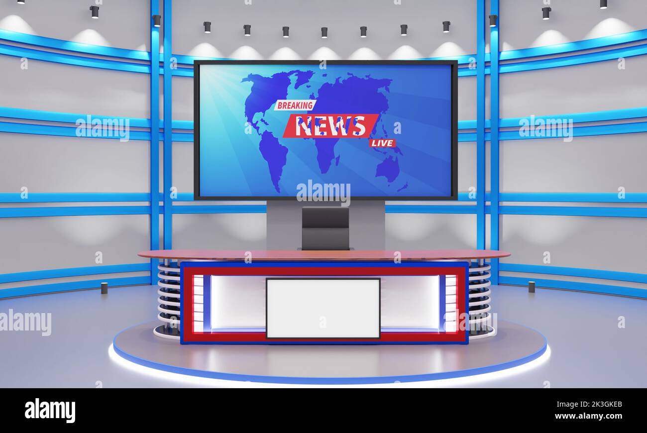 wood table and lcd background in the news studio room.3d rendering