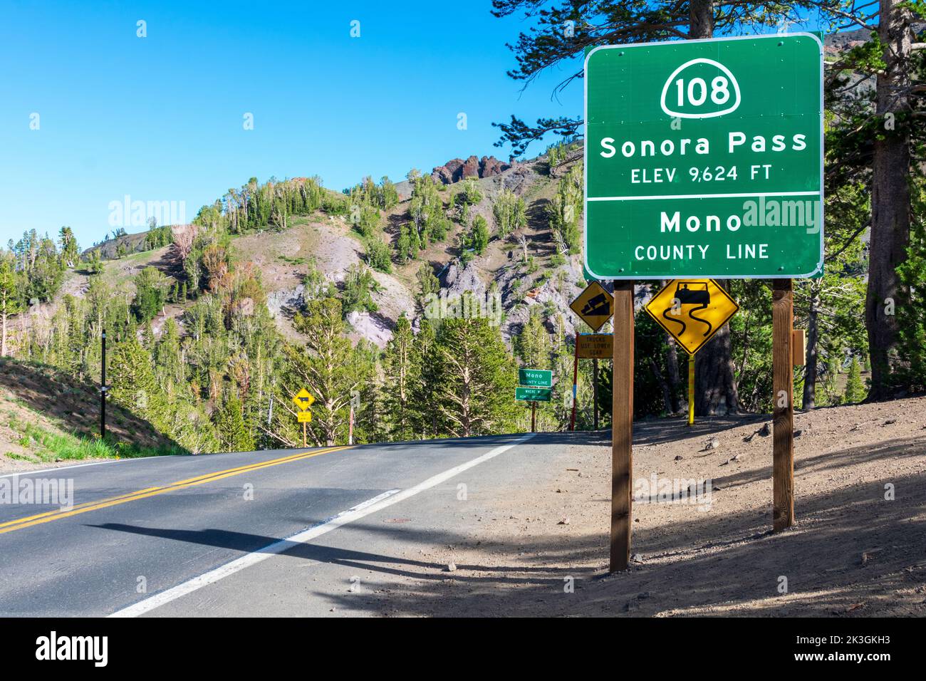 Sonora Pass, elevation 9,624 feet sign on scenic highway 108 in
