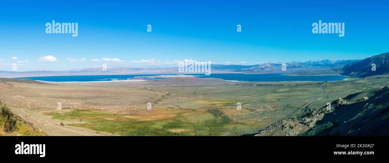 Scenic panoramic view of Mono Lake as seen from Mono Lake Vista Point on highway 395 in Califronia. Stock Photo