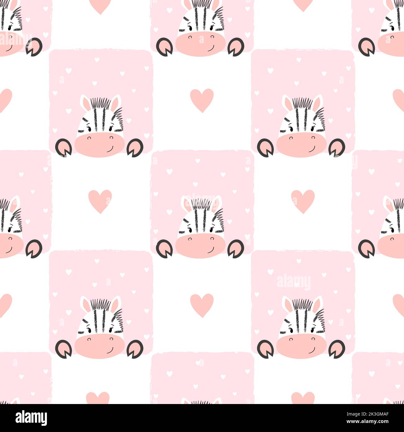 Seamless checked pattern with cute cartoon zebra. Baby print. Stock Vector