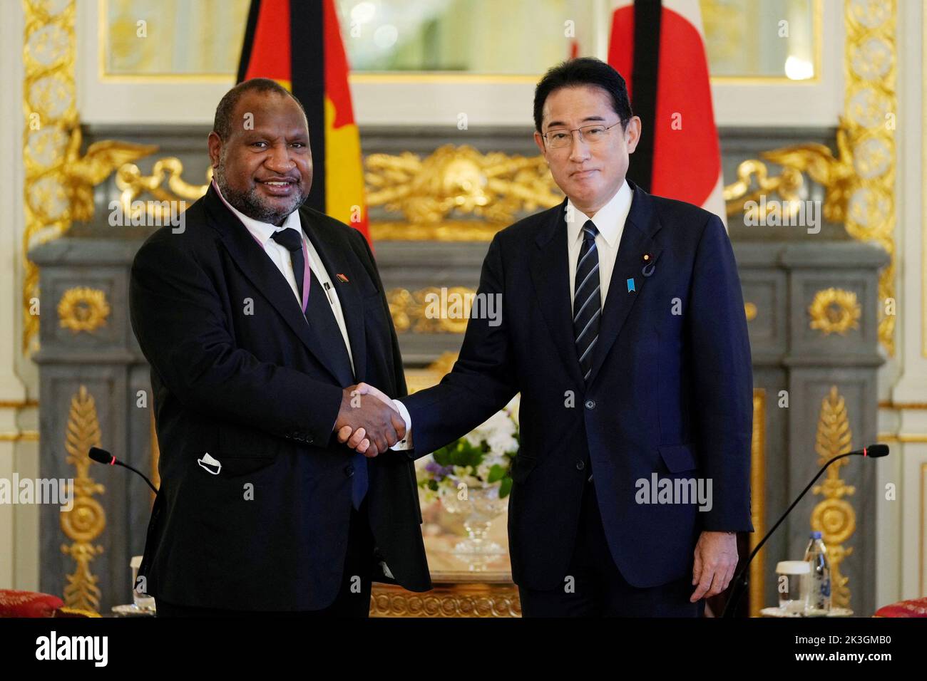 Papua New Guinean Prime Minister James Marape, left, poses for a photo with Japanese Prime Minister Fumio Kishida before their meeting at Akasaka Palace state guest house in Tokyo, Tuesday, Sept. 27, 2022. Hiro Komae/Pool via REUTERS Stock Photo