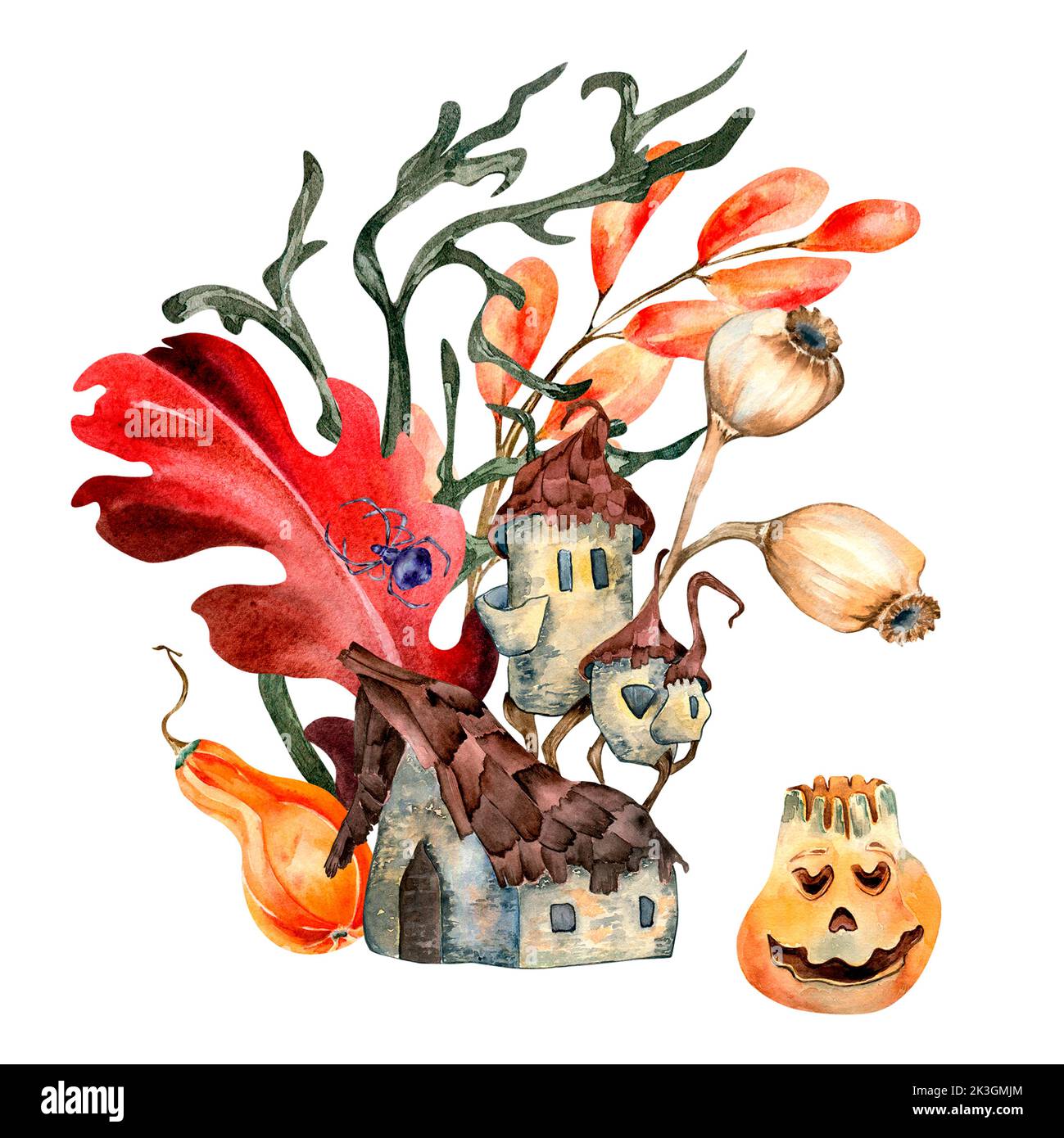 Composition of whimsical house watercolor illustration isolated on white. Odd house, haunted house with colorful autumn plants, pumpkin hand drawn. De Stock Photo