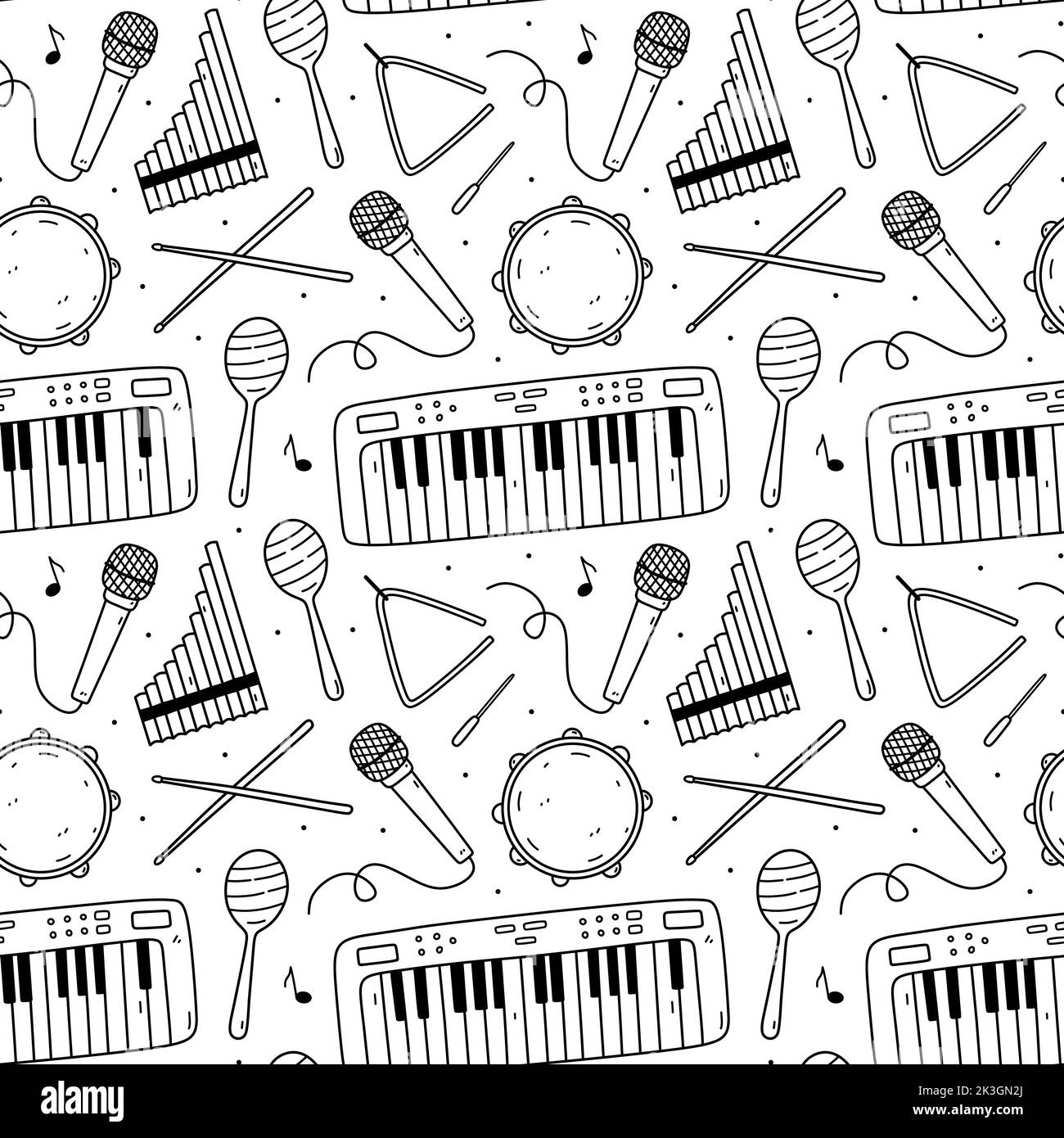 Cute seamless pattern with musical instruments - drumsticks, maracas, triangle, tambourine, microphone, electronic keyboard and pan flute Stock Vector