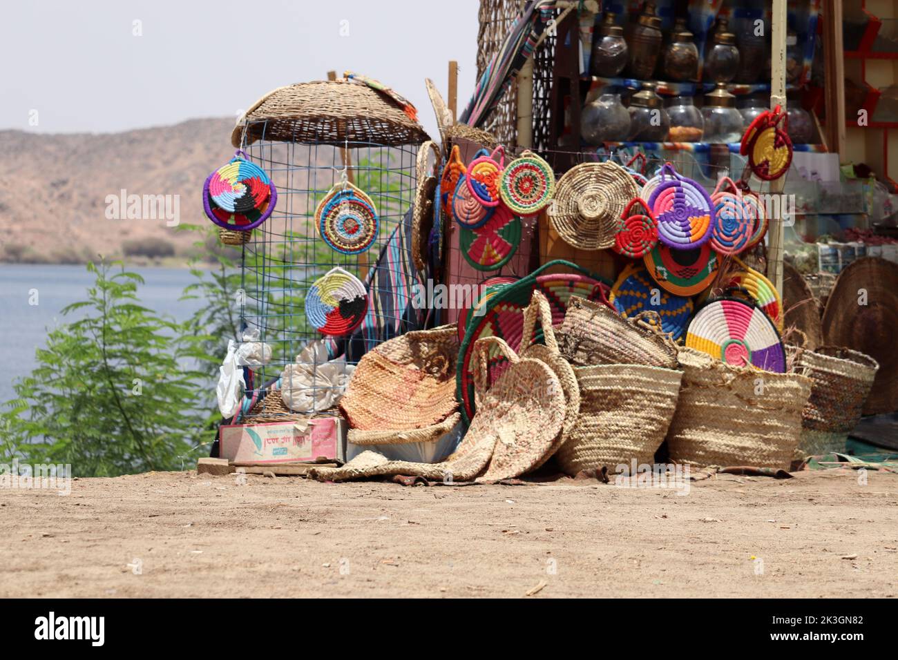 Eco-friendly local handcrafts at souvenir shop in Philae temple Stock Photo