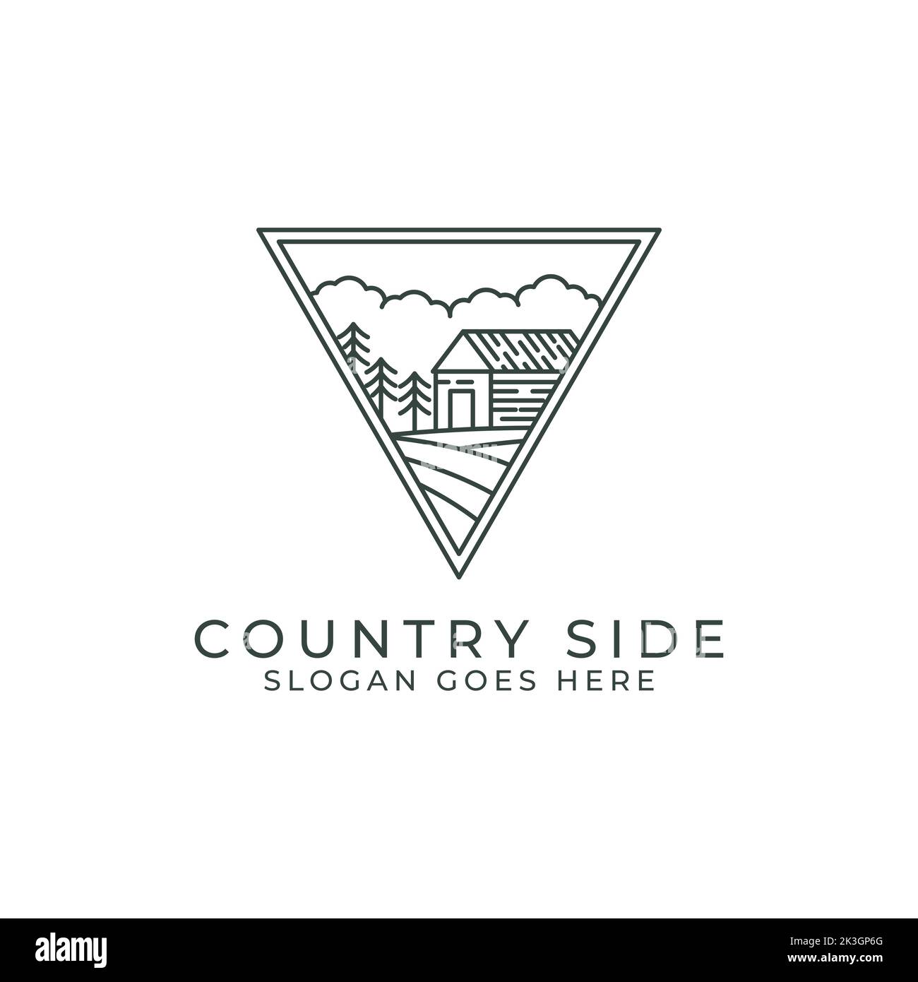 Country side outline logo design vector with triangle shape. line art with cabins in agriculture landscape vector Stock Vector