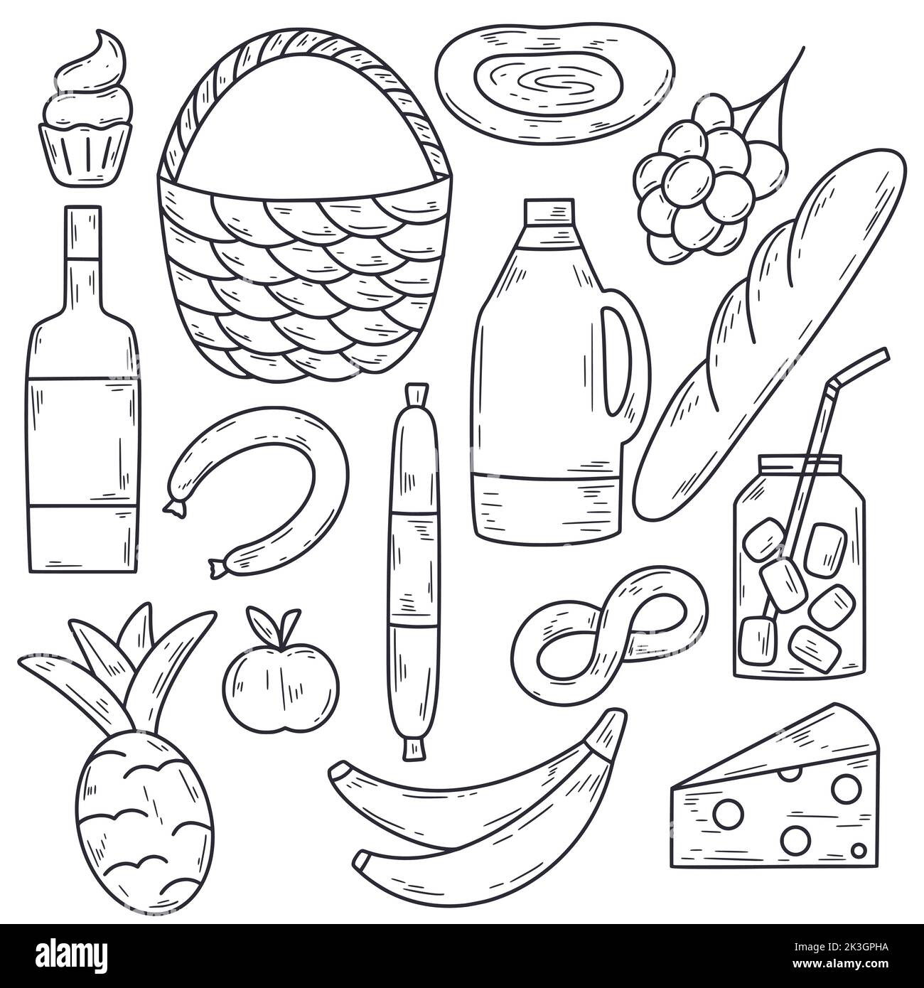 Picnic food doodle set. Sketch items for street nature party isolated doodle illustration. Collection of fruits, sausage, cheese and drinks hand drawn Stock Vector