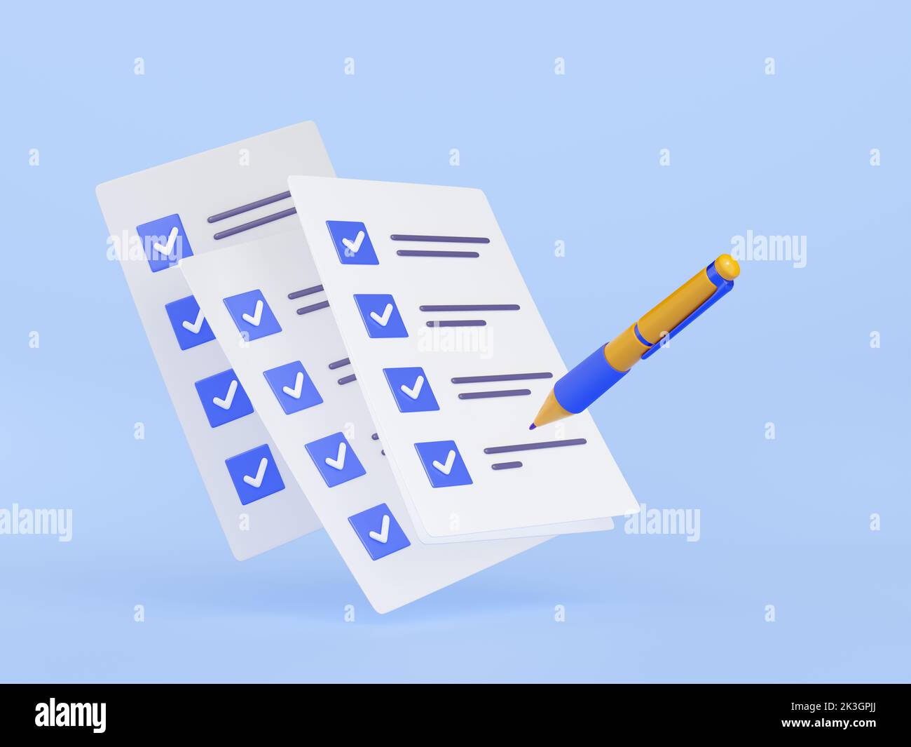 3D illustration of pen putting blue ticks on checklist papers. Election voting, successful fulfillment of business tasks, action plan for effective time management, quality control assessment form Stock Photo