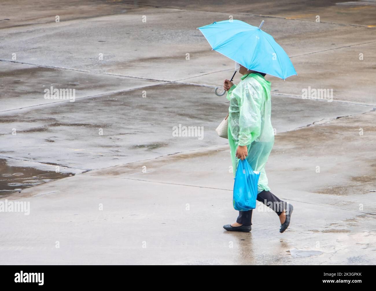 A woman in a raincoat walks down a wet street with an umbrella Stock Photo