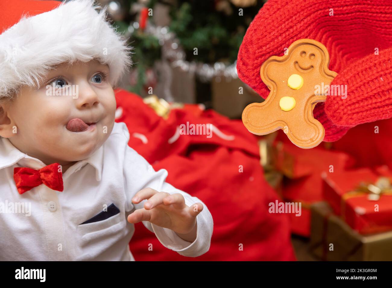 Little boy with a Santa Claus hat looks at gingerbread figurine in a hand Stock Photo