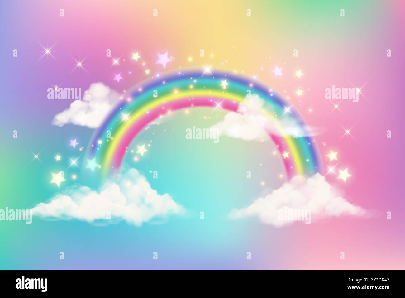 Fantasy unicorn background with clouds on rainbow sky. Magical landscape, abstract fabulous wallpaper with stars and sparkles. Arched realistic Stock Vector