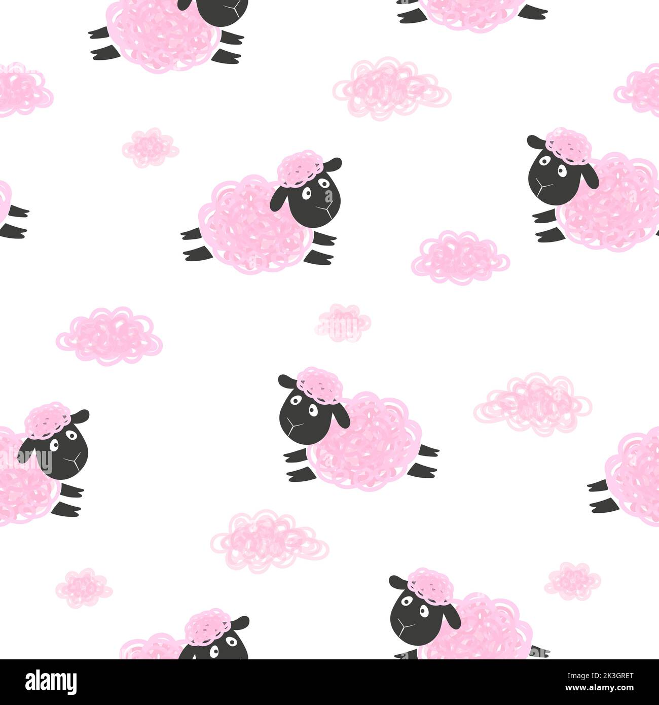 Cute sheep and clouds seamless pattern. Vector childish background. Stock Vector