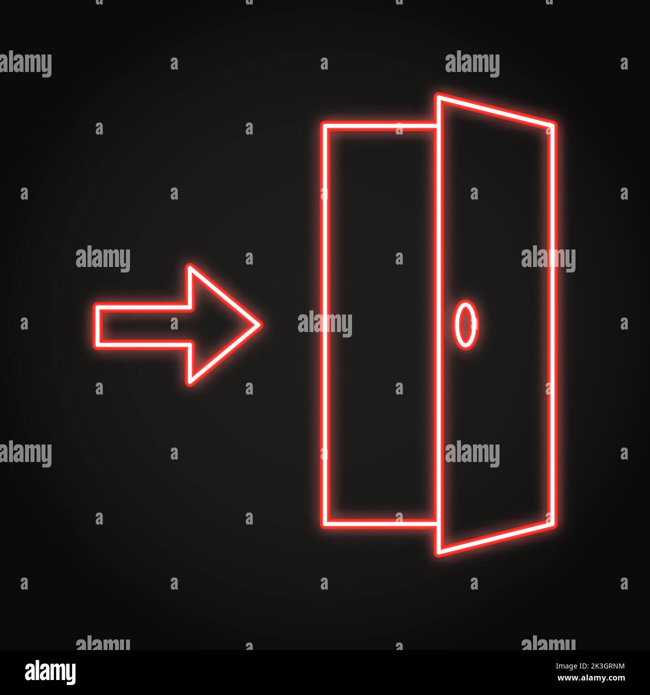 Open door with arrow neon icon. Exit sign. Vector illustration. Stock Vector