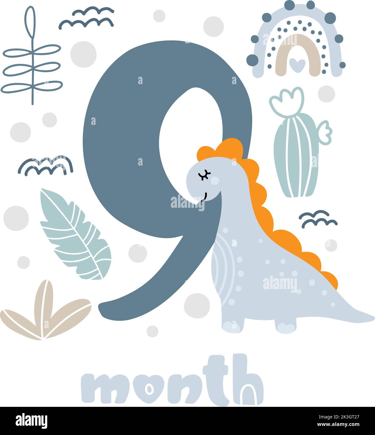 9 nine months Baby boy anniversary card metrics. Baby shower print with cute animal dino, flowers and palm capturing all special moments. Baby Stock Vector