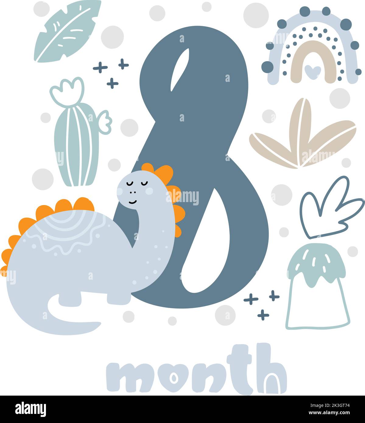 8 eight months Baby boy anniversary card metrics. Baby shower print with cute animal dino, flowers and palm capturing all special moments. Baby Stock Vector