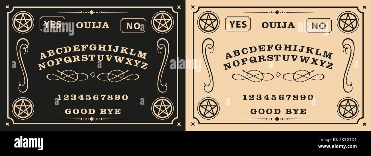 Graphic template inspired by Ouija Board. Black and Very soft orange symbols of pentagram , texts and alphabet. Gothic typography. Ghosts and demons Stock Vector