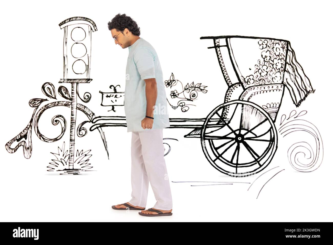 Portrait of Bengali young man pulling hand pulled rickshaw Stock Photo