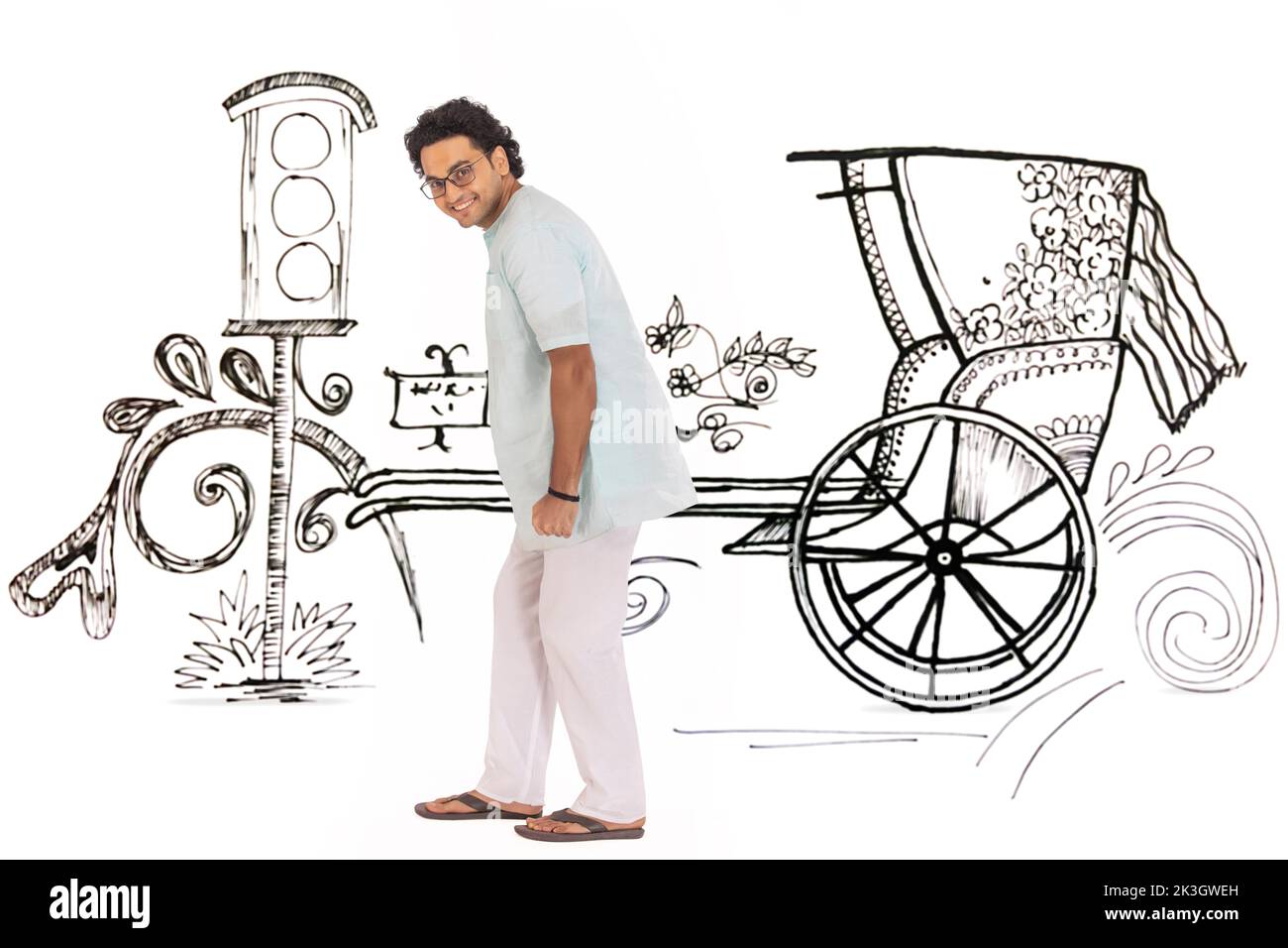 Portrait of Bengali young man pulling hand pulled rickshaw Stock Photo